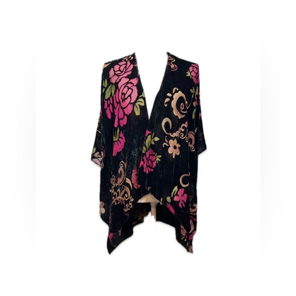 Woven Heart Floral Burnout Jacket One Size Black/Red/Green